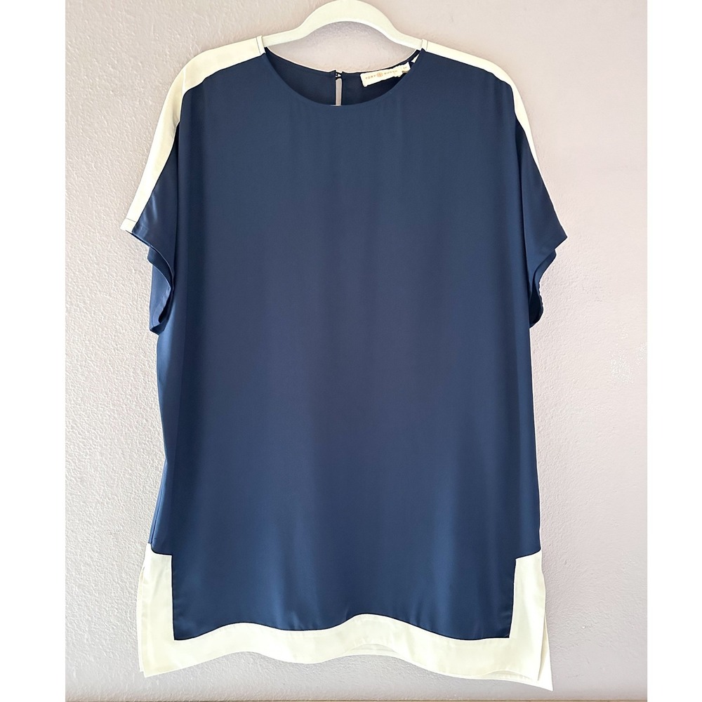 Tory Burch Navy Blue Silk Colorblock Short Sleeve Tunic‎ Top Size Small